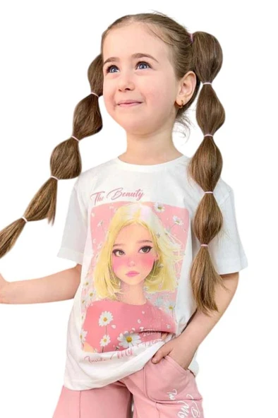 Kız Çocuk Papatya Ve The Beauty Yazı Baskılı Penye T-Shirt Pudra Şortlu Takım - Resim 5