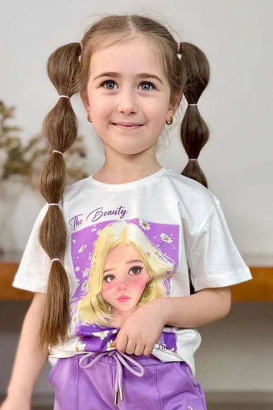Kız Çocuk Papatya Ve The Beauty Yazı Baskılı Penye T-Shirt Lila Şortlu Takım - Resim 9