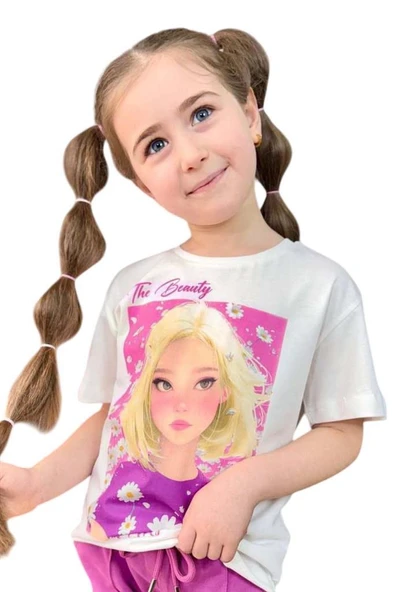 Kız Çocuk Papatya Ve The Beauty Yazı Baskılı Penye T-Shirt Mor Şortlu Takım - Resim 12