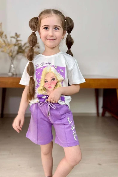 Kız Çocuk Papatya Ve The Beauty Yazı Baskılı Penye T-Shirt Lila Şortlu Takım - Resim 8