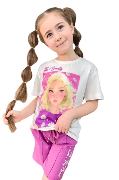Kız Çocuk Papatya Ve The Beauty Yazı Baskılı Penye T-Shirt Mor Şortlu Takım - Resim 4