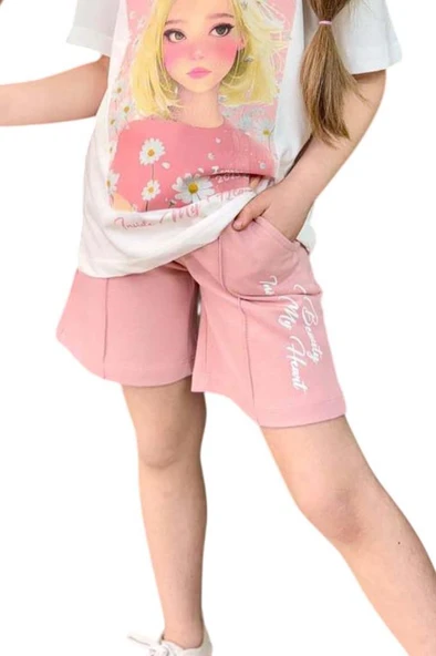 Kız Çocuk Papatya Ve The Beauty Yazı Baskılı Penye T-Shirt Pudra Şortlu Takım - Resim 6