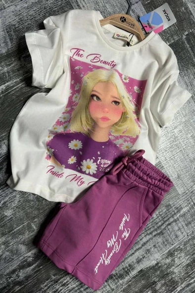 Kız Çocuk Papatya Ve The Beauty Yazı Baskılı Penye T-Shirt Mor Şortlu Takım ürün görseli