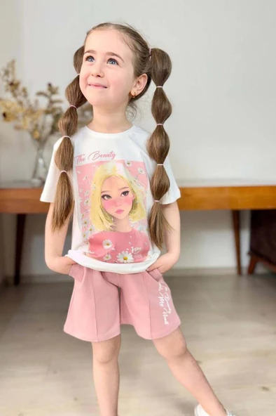 Kız Çocuk Papatya Ve The Beauty Yazı Baskılı Penye T-Shirt Pudra Şortlu Takım - Resim 10