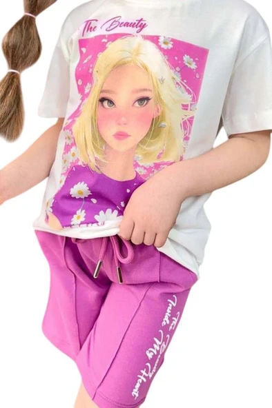Kız Çocuk Papatya Ve The Beauty Yazı Baskılı Penye T-Shirt Mor Şortlu Takım - Resim 6