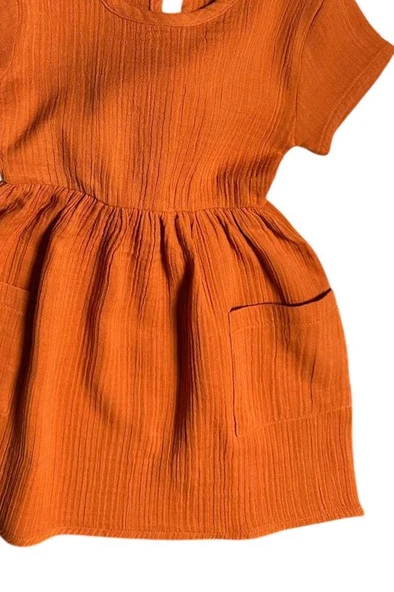 Kız Çocuk Çift Cepli Salaş Kesim Kolsuz Kiremit Müslin Elbise - Resim 6