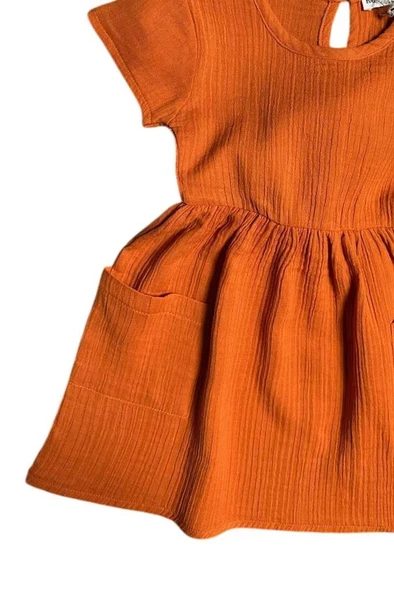 Kız Çocuk Çift Cepli Salaş Kesim Kolsuz Kiremit Müslin Elbise - Resim 5