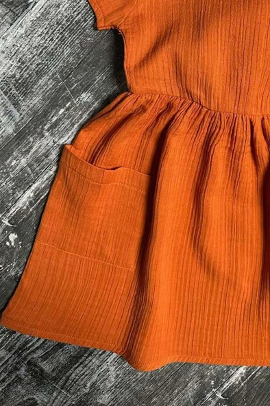 Kız Çocuk Çift Cepli Salaş Kesim Kolsuz Kiremit Müslin Elbise - Resim 3