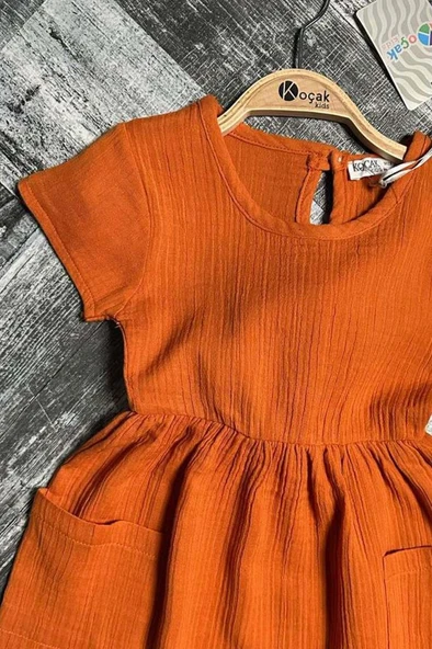 Kız Çocuk Çift Cepli Salaş Kesim Kolsuz Kiremit Müslin Elbise - Resim 2