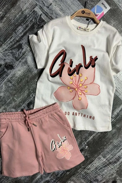 Kız Çocuk Çiçek Ve Girl Yazı Baskılı Penye T-Shirt Pudra Şortlu Takım - Resim 8