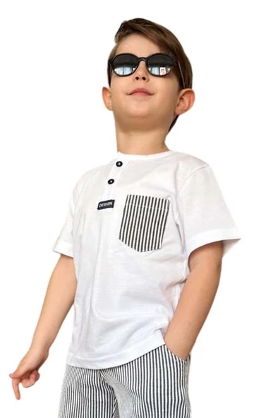 Erkek Çocuk Kapak Cepli Düğme Detaylı Beyaz T-Shirt Çizgili İp Detaylı Şortlu Takım - Resim 12