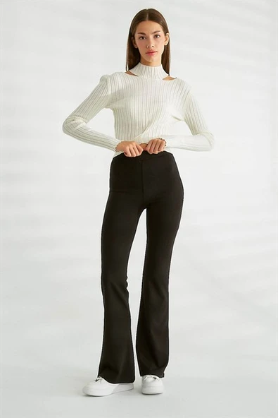 Omuz Dekolteli Dik Yaka Ekru  Triko 0078-2K3 - Resim 3