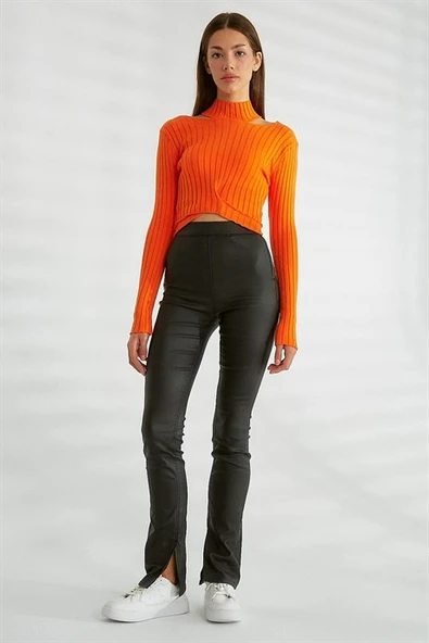 Omuz Dekolteli Dik Yaka  Oranj Triko 0078-2K3 - Resim 3