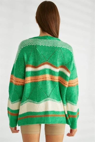 Düğmeli Yeşil Kadın Triko Hırka 93707-2K3 - Resim 3