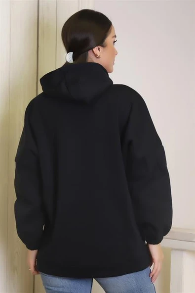 KAPÜŞONLU CEPLİ SİYAH KADIN SWEATSHİRT 3605-2K3 - 5
