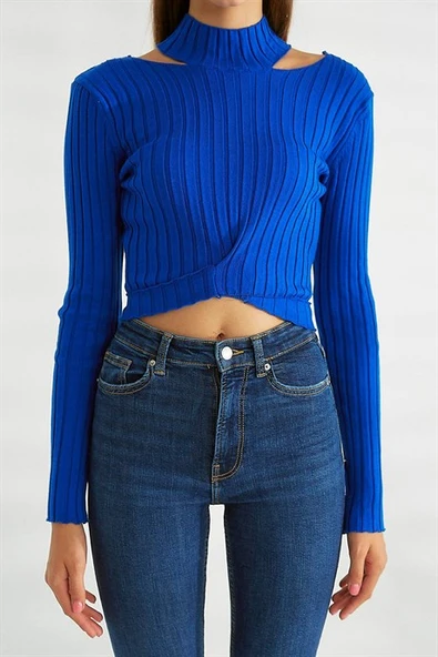 Omuz Dekolteli Dik Yaka Saks Triko 0078-2K3 - Resim 3