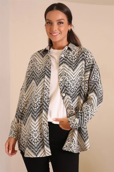 Zigzag Desenli Siyah Kadın Gömlek 32893-2K3 - 3