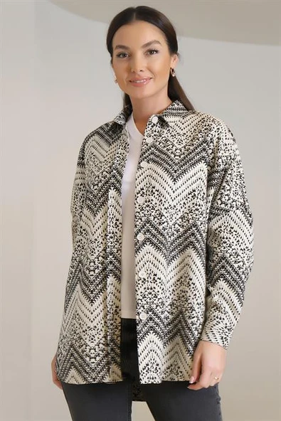 Zigzag Desenli Siyah Kadın Gömlek 32893-2K3 - 1