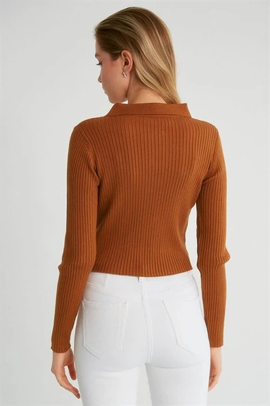 Polo Yaka Fermuarlı Taba Kadın Triko 93663-2K3 - Resim 4