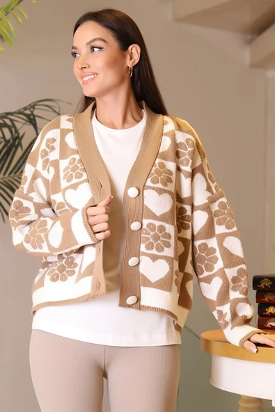 ÇİÇEK DESENLİ VİZON KADIN HIRKA  93352-2K3