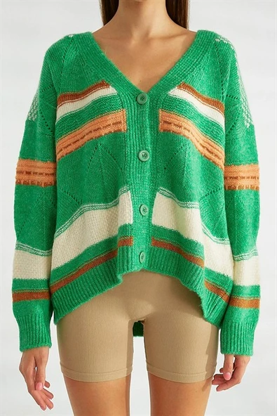 Düğmeli Yeşil Kadın Triko Hırka 93707-2K3 - Resim 2