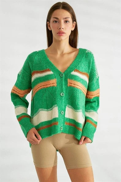 Düğmeli Yeşil Kadın Triko Hırka 93707-2K3 ürün görseli