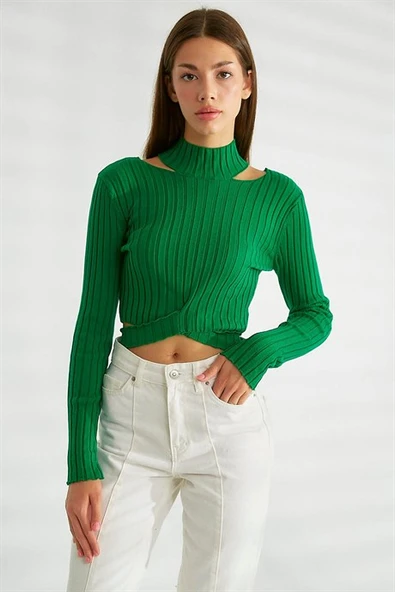 Omuz Dekolteli Dik Yaka Yeşil  Triko 0078-2K3 ürün görseli