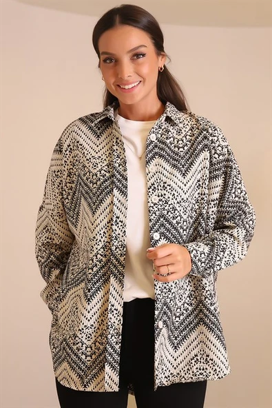 Zigzag Desenli Siyah Kadın Gömlek 32893-2K3 - 4
