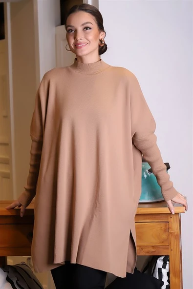 YARIM BALIKÇI YIRTMAÇLI CAMEL KADIN TRİKO 14730-2K3 - 2