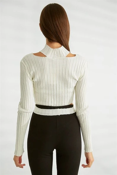 Omuz Dekolteli Dik Yaka Ekru  Triko 0078-2K3 - Resim 5