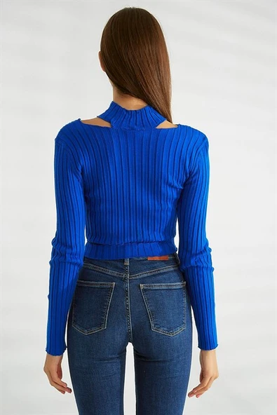 Omuz Dekolteli Dik Yaka Saks Triko 0078-2K3 - Resim 4