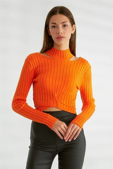 Omuz Dekolteli Dik Yaka  Oranj Triko 0078-2K3 - Resim 2