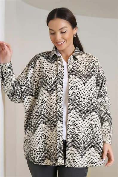 Zigzag Desenli Siyah Kadın Gömlek 32893-2K3 - 8