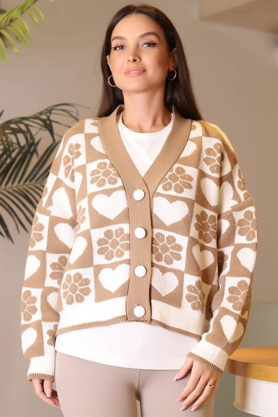 ÇİÇEK DESENLİ VİZON KADIN HIRKA  93352-2K3 - 4