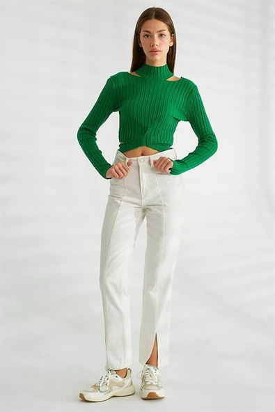 Omuz Dekolteli Dik Yaka Yeşil  Triko 0078-2K3 - Resim 3