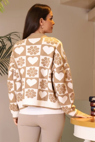 ÇİÇEK DESENLİ VİZON KADIN HIRKA  93352-2K3 - 5