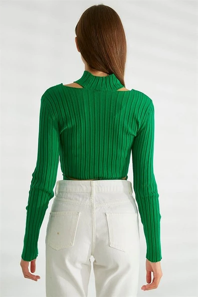 Omuz Dekolteli Dik Yaka Yeşil  Triko 0078-2K3 - Resim 5