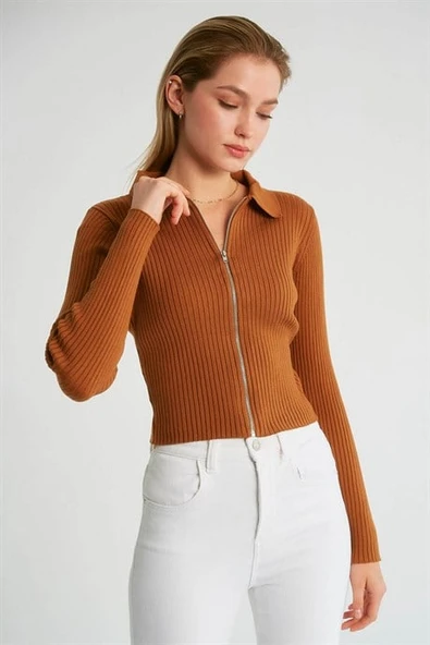 Polo Yaka Fermuarlı Taba Kadın Triko 93663-2K3 - Resim 2