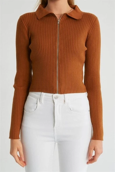 Polo Yaka Fermuarlı Taba Kadın Triko 93663-2K3 - Resim 3