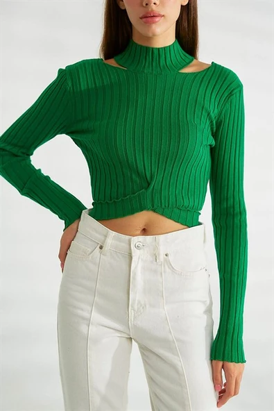Omuz Dekolteli Dik Yaka Yeşil  Triko 0078-2K3 - Resim 2