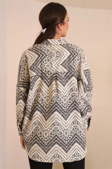 Zigzag Desenli Siyah Kadın Gömlek 32893-2K3 - 6