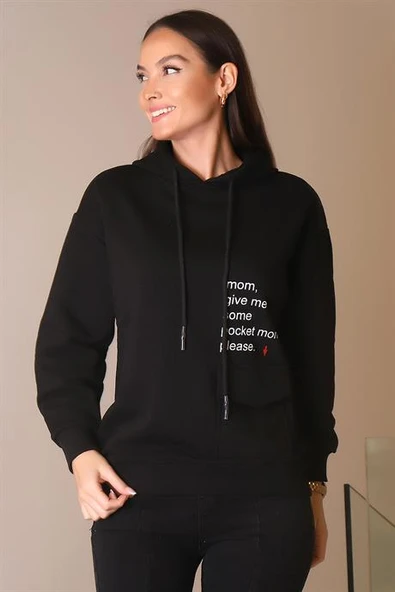 KAPÜŞONLU YAZI BASKILI SİYAH KADIN SWEATSHİRT 26370-2K4 - 4