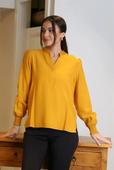 KOLLARI LASTİKLİ V YAKA HARDAL KADIN BLUZ 4028-2Y4 - 2