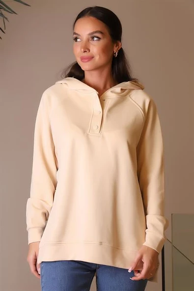 KAPÜŞONLU UZUN KOLLU BEJ KADIN SWEATSHİRT 5048-2K4
