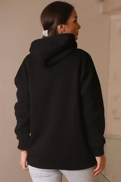KAPÜŞONLU UZUN KOLLU SİYAH KADIN SWEATSHİRT 3056-2K4 - 5
