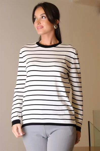 BİSİKLET YAKA ÇİZGİLİ EKRU KADIN KAZAK  845-2K4 ürün görseli