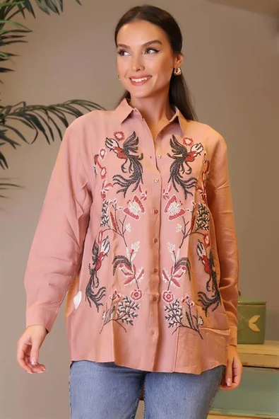 İŞLEMELİ UZUN KOLLU PUDRA KADIN GÖMLEK 33400-2Y4 - Resim 4
