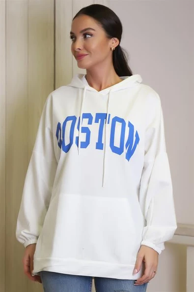 UZUN KOLLU KAPÜŞONLU EKRU KADIN SWEATSHİRT 1220-2K4 - 2