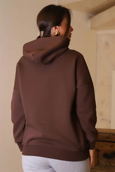 KAPÜŞONLU UZUN KOLLU KAHVE KADIN SWEATSHİRT 3046-2K4 - 5