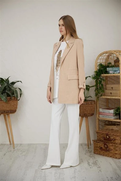 KATLAMALI KOL CEP DETAYLI BEJ KADIN CEKET MB04.56-2Y4 - 7